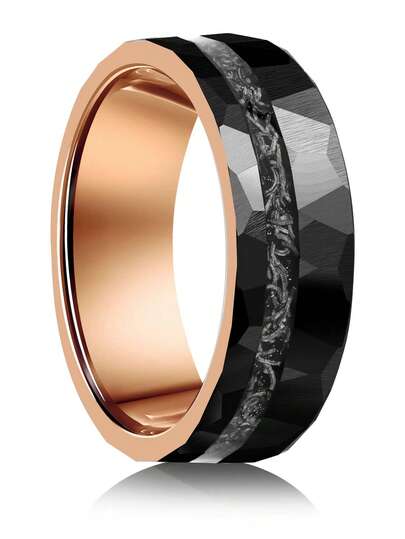 خاتم تنجستن مطرق 8 مم مع بطانة من النيزك الحقيقي - طراز فينتاج للخطوبة والزواج