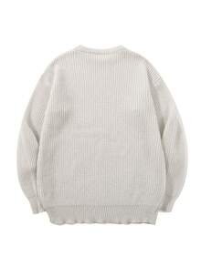 Lightweight Casual Textured Knit Sweater, Minimalist Design, Loose Fit Crew Neck Pullover For Unisex, Suitable For Autumn/Winter - Beige - View 3