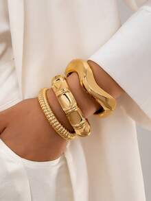 3pcs/1set Minimalist Fashion Gold Geometric Wave Asymmetrical Teardrop Bangle Bracelet Set, Suitable For Women, Thick Smooth Texture Heavy Metal And Zinc Alloy Material