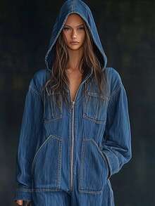 Women's New Fashion Multi-Pocket Workwear Denim Jumpsuit, Street Style, Casual Loose Hooded Wide-Leg Denim Jumpsuit - Màu xanh lam - Xem 2