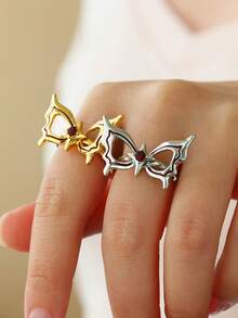 1Pc Gothic Style Butterfly Ring With Red Gemstone, Edgy Dark Style Butterfly Mask Ring, Halloween Jewelry Fashion Accessories, Halloween Party Accessories