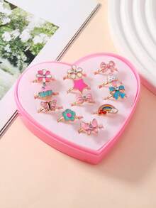 12pcs Girls Star & Flower Decor Ring For Daily Decoration