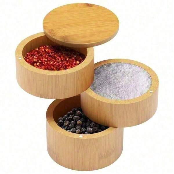 3 In 1 Bamboo Salt And Pepper Box - Divided Salt Cellar With Swivel Lid, Salt Storage Box With Magnetic Lid To Keep Dry, Kitchen Spice Cellar Container For Salt, Pepper, Seasoning, Spices
