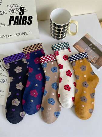 5双时尚百搭透气吸湿排汗复古拼布花卉女士中筒袜