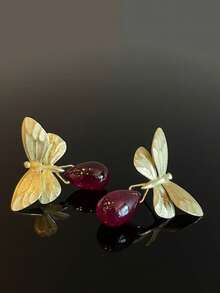 1pc Vintage Red Crystal Teardrop & Butterfly Design 16K Gold Alloy Earrings, Suitable For Outings, Parties, Gatherings, Performances