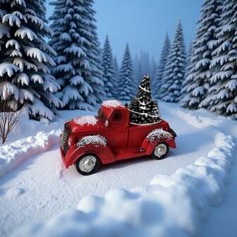 1pc Christmas Decorations Red Truck Christmas Tree Gift Statue Home Desktop Decoration Holiday Window Landscaping Decoration Home Decor Room Decor