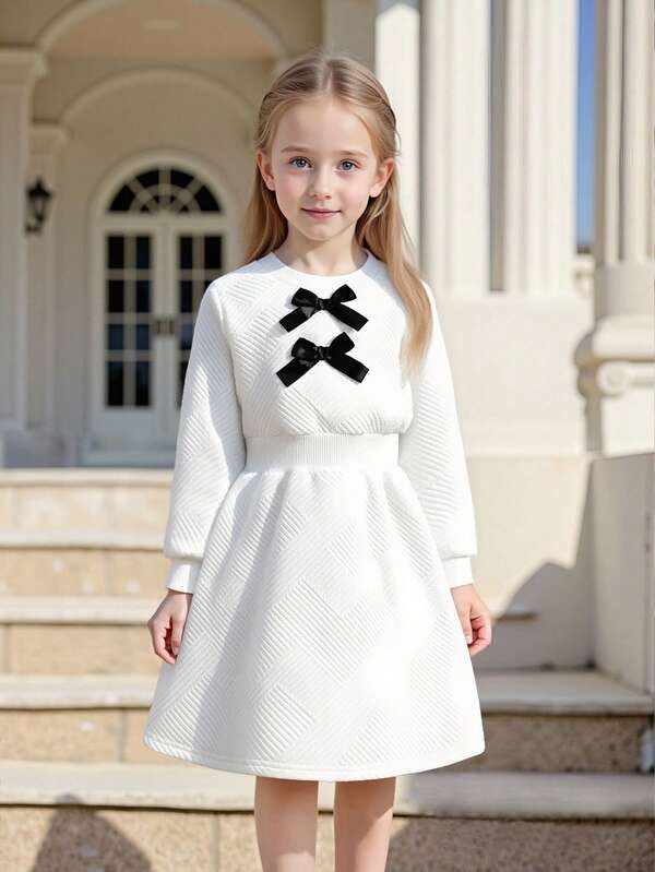 Vestido de niña con decoración de lazo 3D delicado, textura de pata de gallo, diseño de cintura ceñida, manga larga, adecuado para salidas casuales y uso diario en primavera y otoño