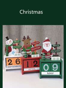 1pc Wooden Creative Christmas Cartoon Desktop Decor Gift Box Packaging Perpetual Calendar, Halloween, Halloween Decoration