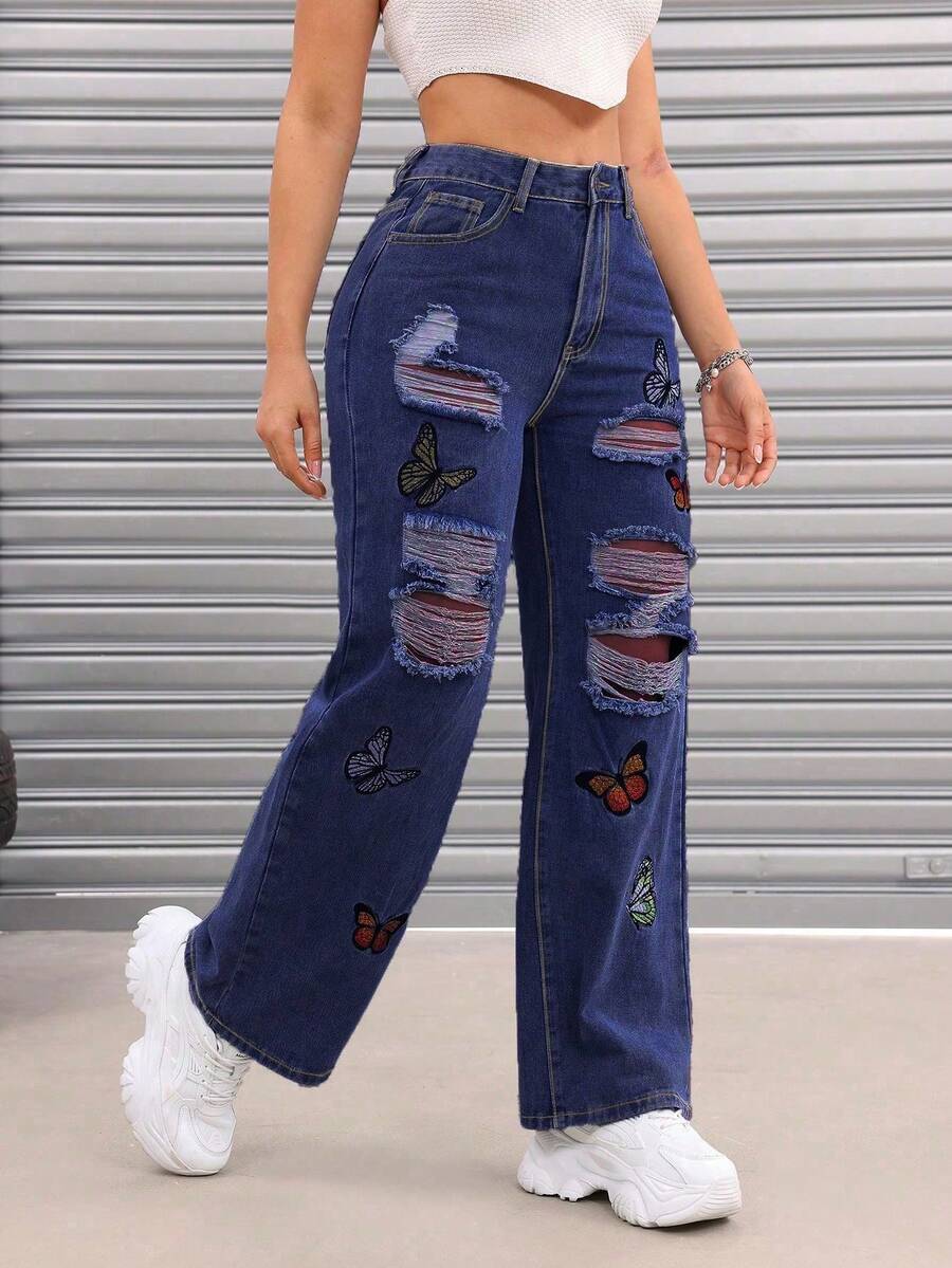 Women's Fashion Ripped Floral Print Straight Leg Wide Leg Jeans Casual Spring - Medium Wash - View 1