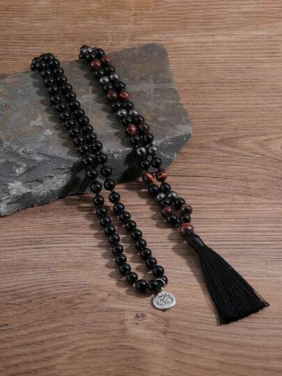 Japamala 108 Beads Mala Knoted Necklace 8mm Black Tourmaline & Red Tiger Eye & Hematite Mala Protection Rosary Meditation Yoga Blessing Jewelry Boho Style