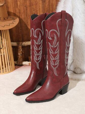 Women's Mid-Heel Western Boots, Mid-Calf, Fashionable And Stylish, Outfit
