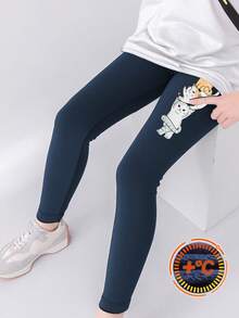 Girls' Cat Print Fleece Leggings, Children's Slim Fit Outdoor Sports Pants, Autumn/Winter New Cute Animal Print 3/4 Pants, Girls Outdoor Non-Pilling Trousers - Navy Blue - View 2