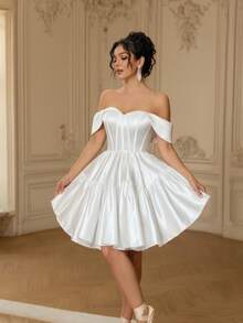 YUMIBRAVO Balletcore Off The Shoulder Wedding Dress Bride White Dresses For Women, Ball Gown Dress Short Prom Dress, Satin Wedding Dresses For Bride Birthday Women Outfits, Perfect For Classic Weddings, Graduation Dress, Party Dress