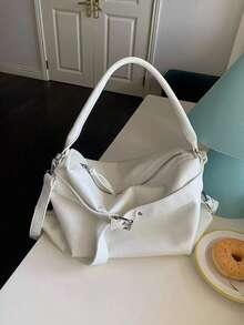 (9016)Women's Simple Boston Bag, Versatile Buckle Design Shoulder Bag/Crossbody Bag, Solid Color - 白色 - 查看 4