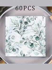 60/20PCS Disposable Paper Napkins With Green Foliage Eucalyptus Leaves Design,Western Food Party Printing Napkins For Birthday, Weddings, Holidays, Halloween, Christmas, New Year, Party Supplies,Supplies Table Decorations,13* 13 Inch