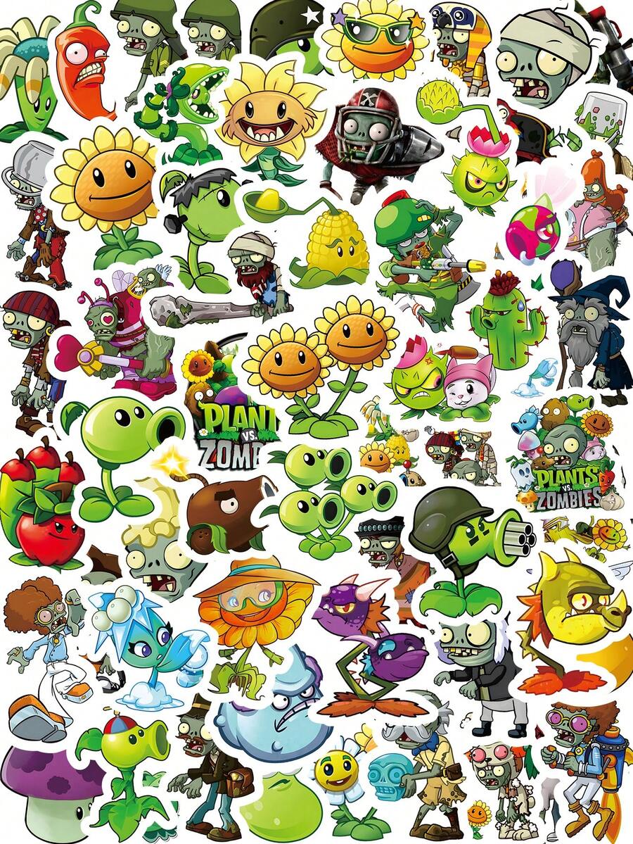 60pcs Plants Vs. Zombies Themed Vinyl Stickers, High Fidelity Designs Of Peashooter, Sunflower And Zombie Soccer Player, Suitable For Game Journals, Tech Devices And Fan Collections - Multicolor - View 1