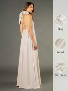 SUNSTORY 女士时尚优雅纯色吊带连衣裙，适合春季、夏季与朋友下午茶、日常约会等场合。 - 杏色 - 查看 3