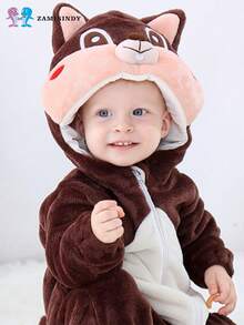 Mono unisex para bebés de 0 a 3 años, ideal para gatear, disponible en 6 diseños de personajes cartoon: hipopótamo, zorro, dinosaurio, pingüino, ardilla y cebra. Es cómodo, suave y cálido, perfecto para usar en temporadas de otoño e invierno; funciona tanto como ropa para gatear como prenda versátil que se puede usar tanto en casa como fuera. - marrón oscuro - Ver 1