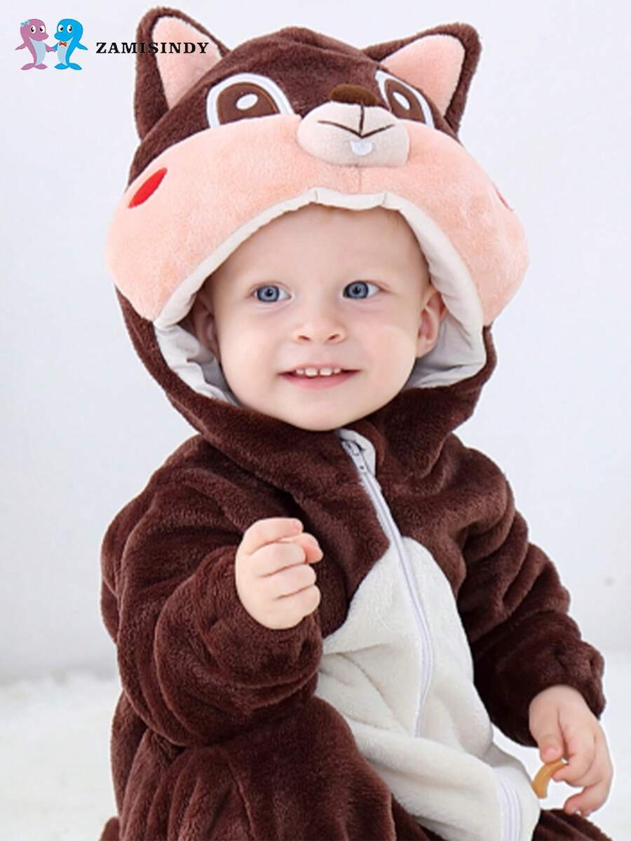 Mono unisex para bebés de 0 a 3 años, ideal para gatear, disponible en 6 diseños de personajes cartoon: hipopótamo, zorro, dinosaurio, pingüino, ardilla y cebra. Es cómodo, suave y cálido, perfecto para usar en temporadas de otoño e invierno; funciona tanto como ropa para gatear como prenda versátil que se puede usar tanto en casa como fuera. - marrón oscuro - Ver 1