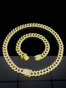 Luxury Alloy Men's Quartz Watch With Rhinestone & Crystal Inlaid, Date Display, Paired With Hip Hop Cuban Link Necklace And Bracelet Set - Necklace Set - View 22