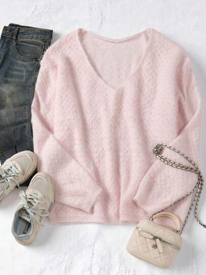 Suéter de punto sólido, elegante, simple, romántico, retro y lindo con cuello en V, talla grande, adecuado para el hogar, vacaciones, escuela, oficina, uso diario, aeropuerto, escenario y conciertos, otoño/invierno