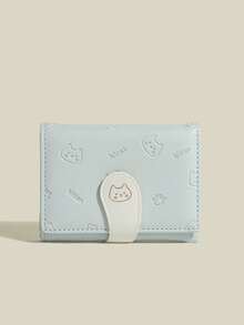 Cute Cat Print Card Holder Coin Purse, PU Short Tri-Fold Coin Wallet, Fresh Color Meaning Well, Snap Button Card Holder - one-size - View 8