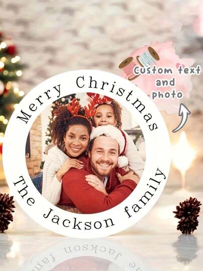 Customized Christmas Stickers Family Name & Photo/Text - Round Glossy Semi-Gloss Labels For Family Photos, Names, Birthdays, Graduations - Bulk/Single Use Holiday Party Gift Decals (Dd Your Own Picture)