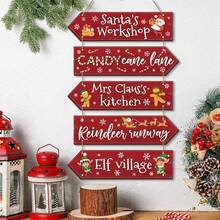 5 buc semne de Crăciun din lemn, semne săgeată agățate, semne de orientare pentru petrecere de Crăciun, decor pentru casă, semne roșii de Moș Crăciun, decorațiuni de perete agățate pentru ușile de la intrare, de interior și exterior, pentru casă