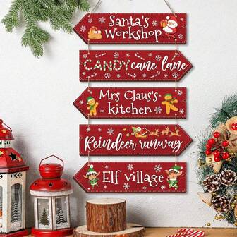5 st. träjulskyltar lantliga hängande pilskyltar julfest orienteringsskyltar heminredning röda tomteskyltar vägghängande dekorationer för hemmet utomhus inomhus ytterdörrar