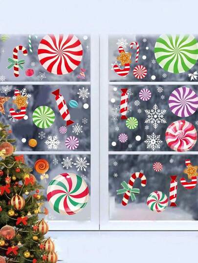 Adesivo de vidro para janela de Natal com 4 folhas, adesivo estático de janela de Natal, doces, bengalas, bolas de Natal, artigos para decoração de festa de Natal, adequado para sala de estar, banheiro, quarto, escritório, decoração de casa