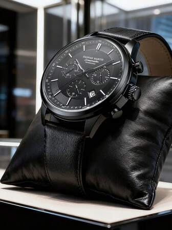 HANNAH MARTIN 1pc Business Men's Watch ,Multifunctional Six Pin Calendar Quartz Watch, Black PU Leather Strap, Fashionable Men's Wristwatch, Matched With Black Exquisite Box, Suitable For Gift Giving