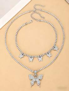 2pcs European And American Fashionable Exaggerated Butterfly Shaped Rhinestone Necklace For Men And Women , Hip-hop Style Jewelry - Perak - View 2