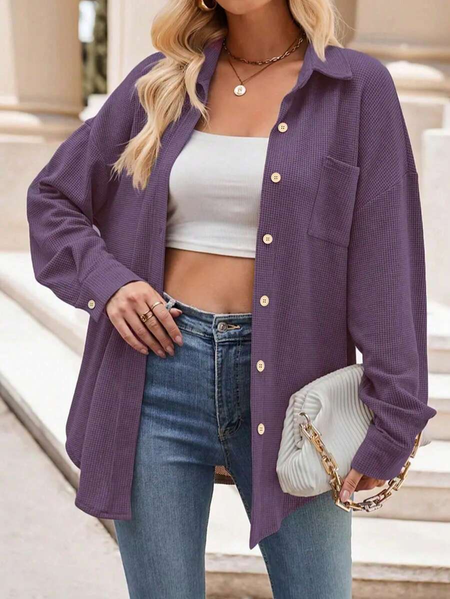 Women's Waffle Knit Button Front Shirt Collar Blouse, Drop Shoulder Long Sleeve, Pocket Detail - Purple - View 1