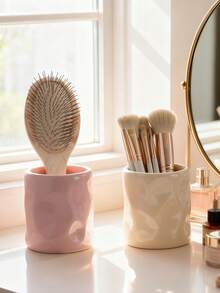 1pc Ceramic Makeup Brush Holder - Handcrafted Textured Design, Dual-Purpose Decorative Brush Holder For Vanity, Office, Bedroom - Elegant Home Decor Gift (Purple/Beige), Bedroom Storage Box, High-Quality Craftsmanship - Multicolor - View 4