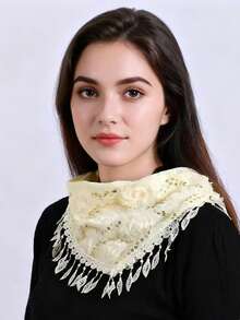 1件装女士纯色镂空蕾丝玫瑰花卉印花流苏围巾，时尚百搭三角披肩，透气防晒头巾，可搭配连衣裙