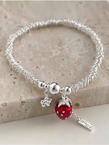 Sterling Silver Bracelet Korean Version Of Berry Has Troubles Silver Ring Bracelet Women's Fashion Sweet Strawberry Elastic Rope Beads Niche Temperament Personalized Hand Jewelry