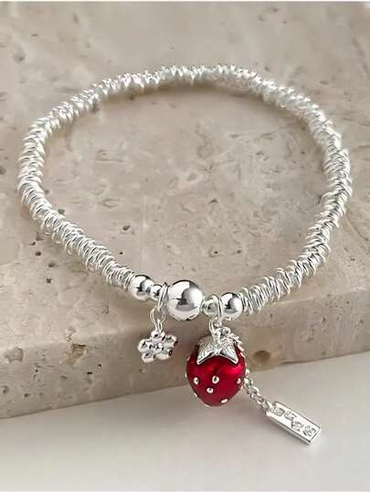 Sterling Silver Bracelet Korean Version Of Berry Has Troubles Silver Ring Bracelet Women's Fashion Sweet Strawberry Elastic Rope Beads Niche Temperament Personalized Hand Jewelry
