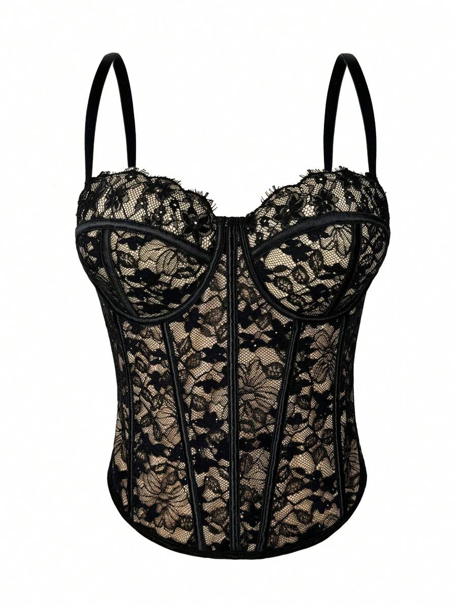 Women's Black Lace Floral Trim Bustier Corset Shapewear