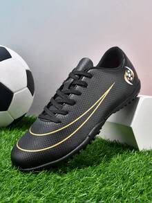 MINGBIN 1 Pair Unisex Adult & Youth Studded Training Shoes, Mid-Top, Suitable For Artificial Turf, Hard Court, Indoor Training Field, Professional Team Sports, Olive Football Shoes, Front Lace-Up, Rubber Sole, TF Short Studs, Lightweight High-Performance Professional Football Boots - Black - View 1