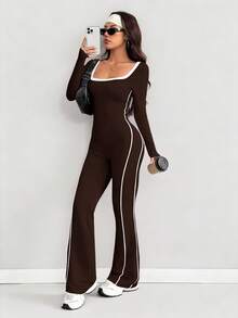 AITYI Studio 女士连体裤，时尚设计，户外街头镂空U领撞色织带设计，运动健身塑形修身性感舒适Y2K风格，适合日常、通勤、派对、度假、独立日、返校、情人节、骄傲月、狂欢节、音乐节等场合，2026春季新款舒适针织喇叭裤连体裤 - 棕色 - 查看 7