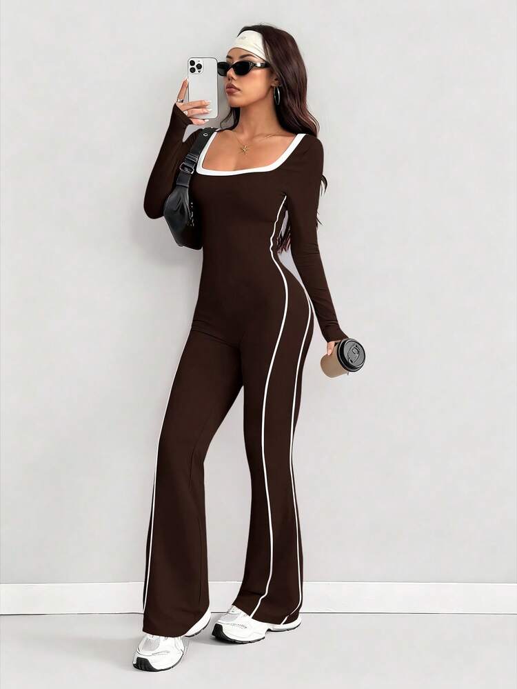 Macacão Feminino da AITYI Studio, Design de Fita Bloco de Cores com Decote Quadrado, Senso de Moda, Costas Vazadas, Esportivo, Bodycon, Confortável, Estilo Y2K, Adequado para Uso Diário, Encontros, Trabalho, Festa, Férias, Dia da Independência, Volta às Aulas, Dia dos Namorados, Mês do Orgulho, Carnaval, Festival de Música, Macacão Feminino de Malha Confortável de Manga Longa Primavera 2026, Bem Ajustado - Castanho - Visão 7