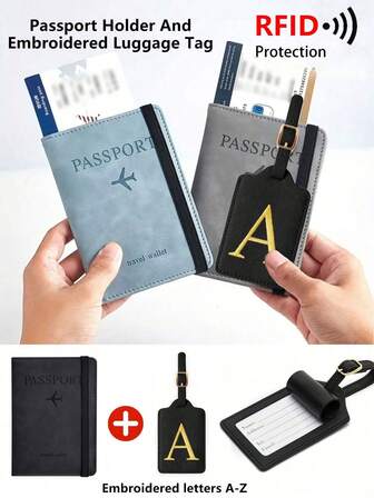 자수 수하물 태그가 있는 RFID 차폐 정품 가죽 여행 여권 홀더. 여행 필수품. PU 가죽 수하물 태그, 여행 가방 참. 유니섹스, 가족 휴가, 비즈니스 여권 홀더, 다기능 ID/은행 카드 홀더, PU 가죽 지갑 및 여행 액세서리에 적합합니다. 남녀를 위한 여권 커버 여권 케이스 여행용 경량 방수 여행 크루즈 필수품 휴가 필수품
