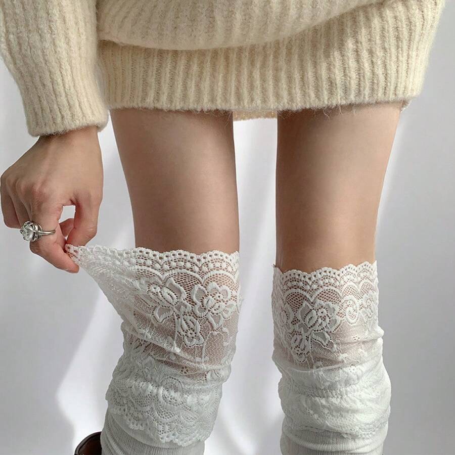Lace Over-The-Knee Socks Lolita Pure Desire Style White Lace Thigh-High Socks For Women - 平羅口-過膝襪/灰色 - 查看 1