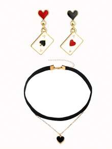 3pcs Women Fashion Asymmetric Heart & Playing Card Pendant Necklace Choker Set - Multicolor - View 9