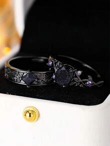 Royal Blue Crystal Oval Stone Purple Zirconia Ring Sets For Women Black Metal Engagement Bands Wedding Jewelry Set Versatile Gifts