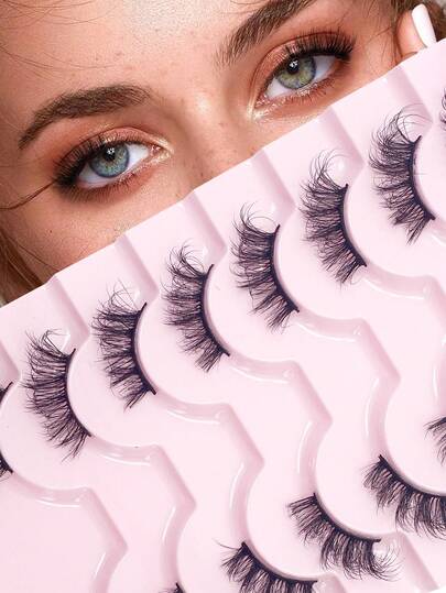 ENCHUW 8 Pairs Natural Fluffy Cat Eye False Eyelashes, Elongated Outer Corner, Suitable For Daily Wear
