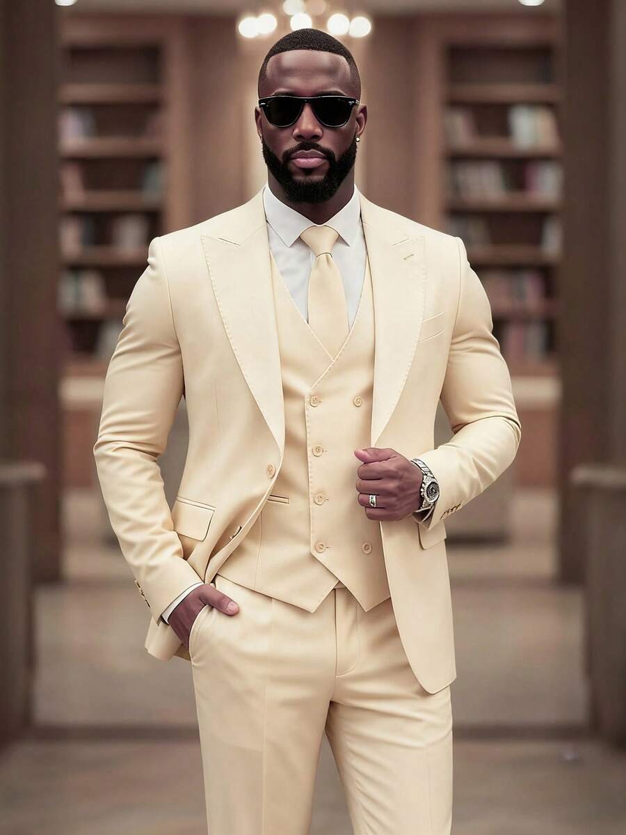 Men's Classic 3-Piece Business Suit Set | Classic Peak Lapel Blazer, Vest & Trousers For Wedding, Office & Formal Events - 米色 - 查看 1