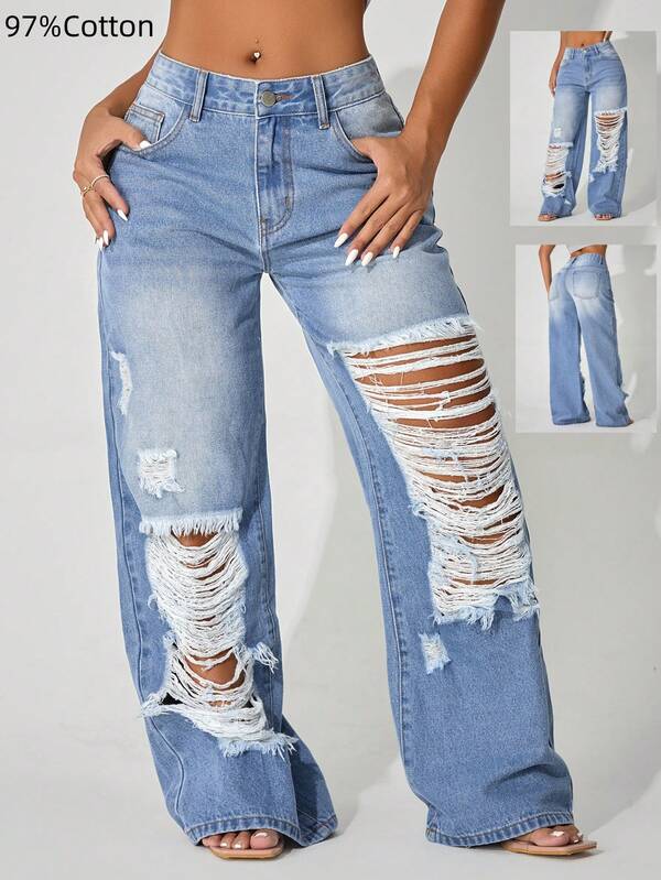 Calça Denim Feminina Casual de Cintura Baixa, Perna Larga, Rasgada, com Bolso Inclinado e Curva