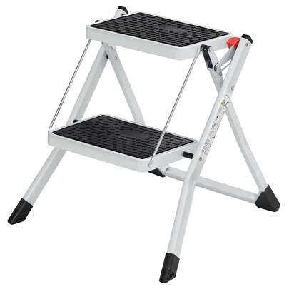 2 Step Ladder, Heavy Duty Steel, Folding, Portable With Anti-Slip Mat Max. Load Capacity Up To 150 Kg GSL02WT White
