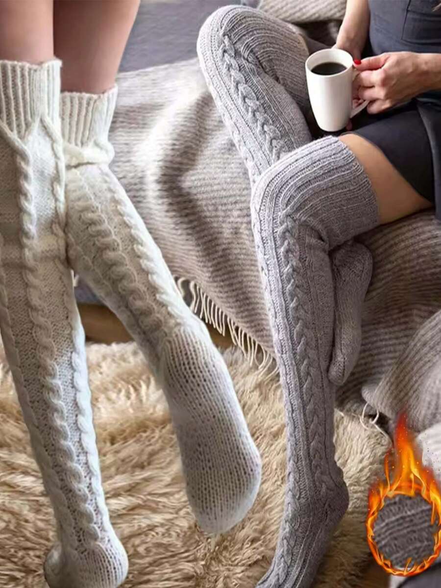 1 pieza Calcetines por encima de la rodilla de unicolor para otoño e invierno, gruesos y cálidos, súper cómodos, con diseño de felpa, calcetines con un fuerte envolvente, adecuados para salidas diarias y ocio en el hogar. Regalos para padres y otros familiares y amigos en Halloween.